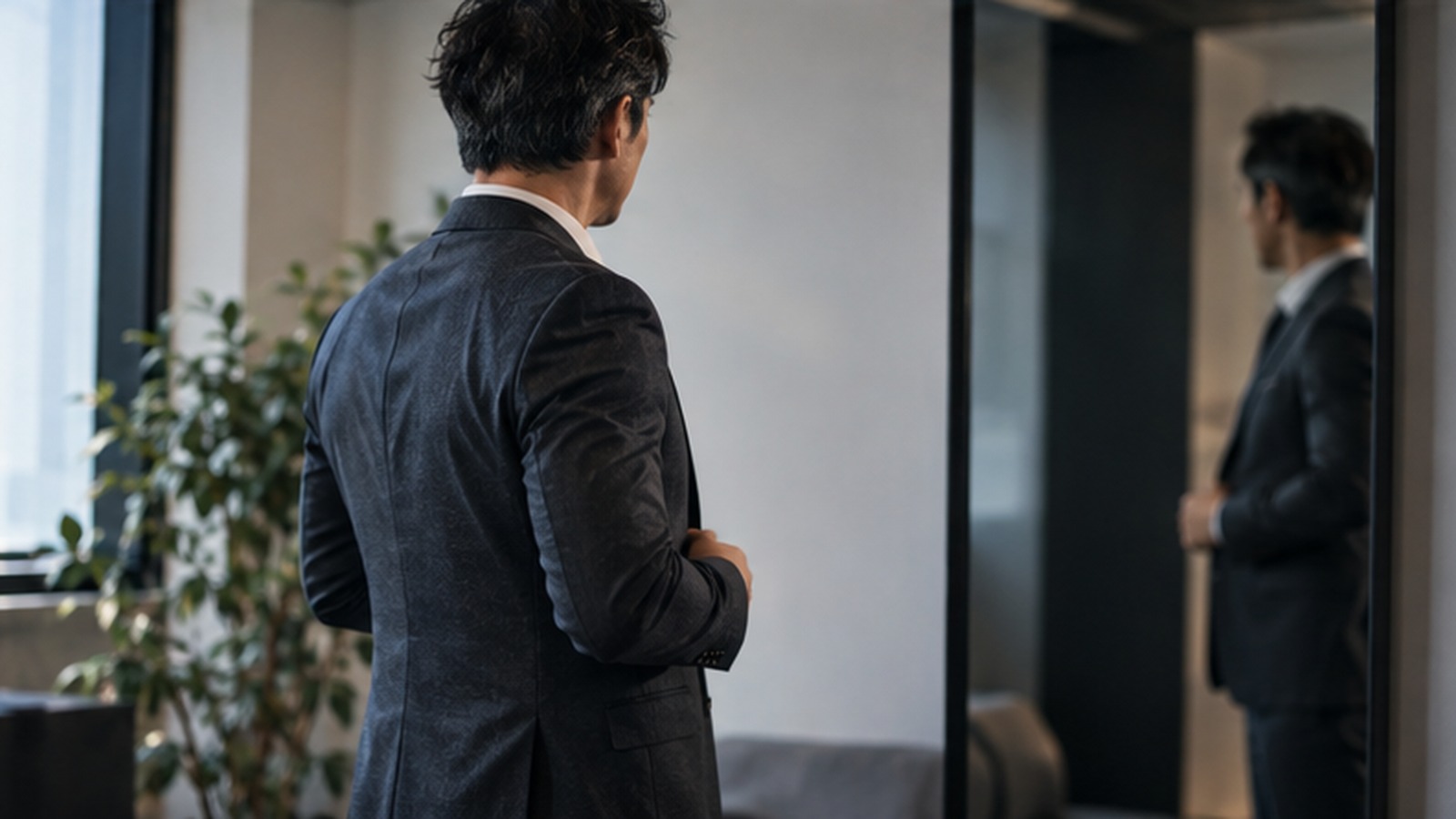 鏡でスーツのフィット感と立ち姿を確認する男性