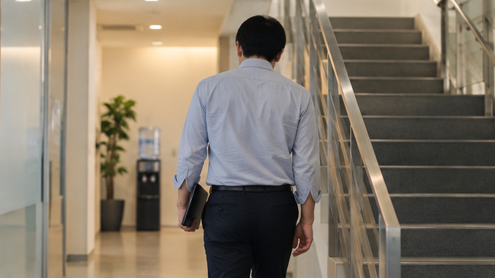 仕事の流れの中で席を立ちオフィス内を移動する男性