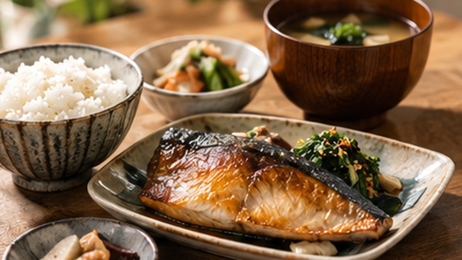 ごはん、焼き魚、汁物などが並ぶ食卓